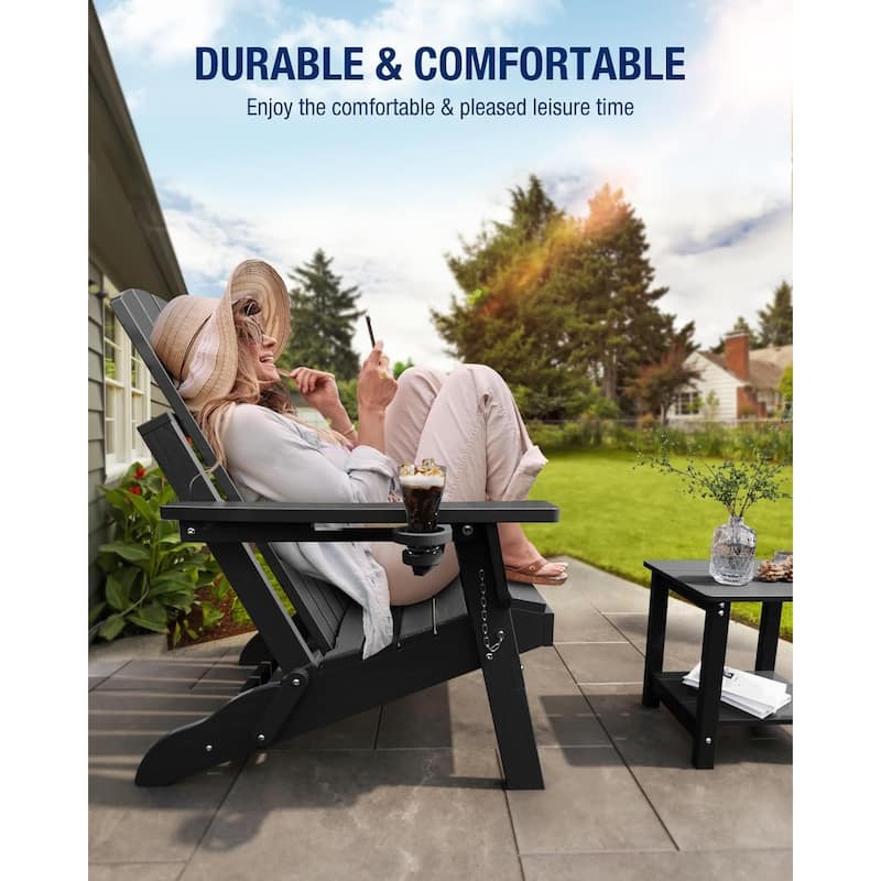 WINSOON All Weather HDPE Outdoor Folding Adirondack Chair With Cup Holder,Set of 2