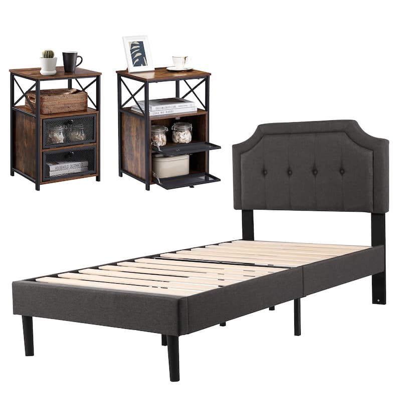 VECELO 3-pieces Height Adjustable Tufted Upholstered Bed Frame and Modern Nightstand Sets - Brown Nightstands - Twin