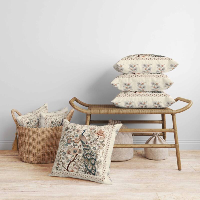 Peacock Kalamkari Faux Suede Reversible Throw Pillow Beige and Green