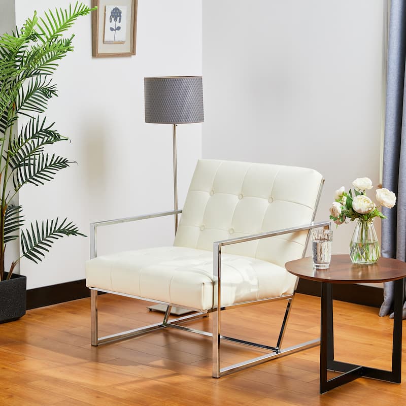 Glitzhome 30.50"H Cream Mid-Century PU Leather Tufted Accent Chair with Chrome Plated Frame