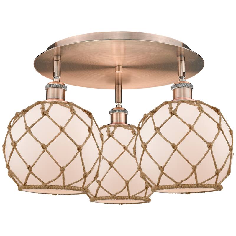 Innovations Lighting Endless Possibilities Ballston - Farmhouse Rope - 3 Light 20" Flush Mount - White Glass with Brown Rope/Antique Copper