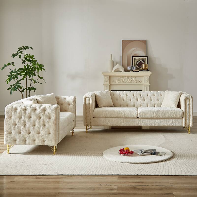 5-Seater Modern Chenille Sofa, Button Tufted with Metal Legs and Nailhead Trim