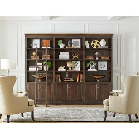 Executive Bookcase Wall With Wood Ladder, Brown - 120"W x 94"H x 14"D