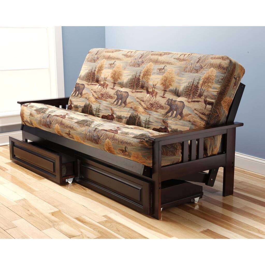 79 in. Espresso/Canadian Polyester Upholstered Full Size Futon Set with Mattress and Storage Drawers