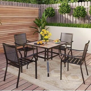 5-Piece Patio E-coating Dining Set of 4 Stackable Chairs & 1 Umbrella Hole Metal Table with Wood-like Table Top