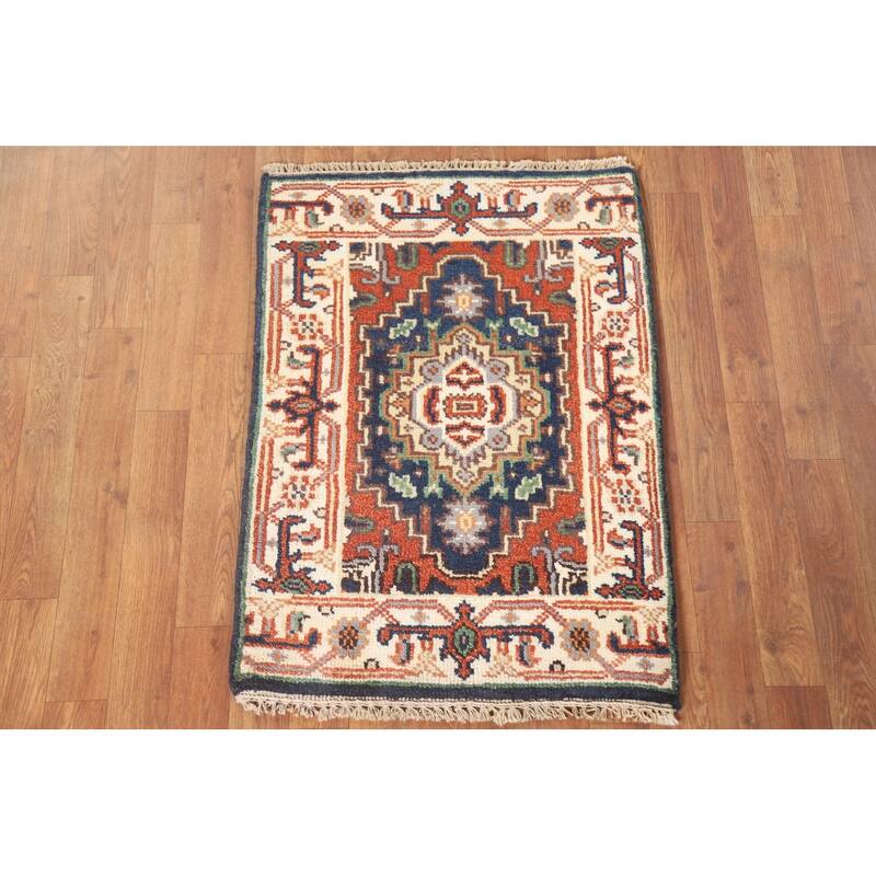 Hand Knotted Oriental 100% Wool Carpet Traditional Medallion Navy Blue & Blues Heriz (serapi) Area Rug - 3' 0'' X 2' 0''