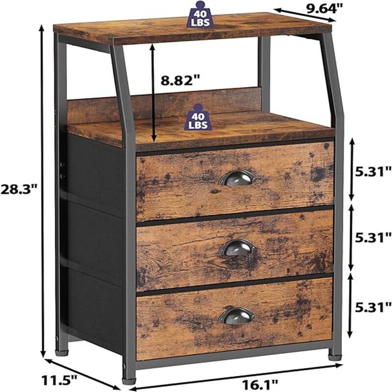 Small Nightstand with 3 Fabric Storage Drawers