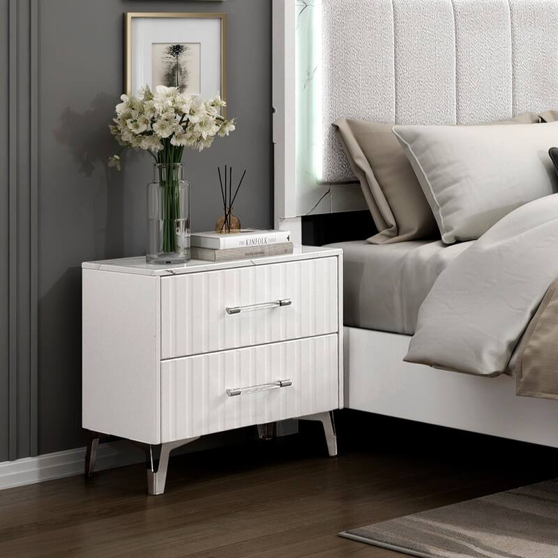 Glam Nightstand - White Faux Marble Top with Chrome Legs & 2 Drawers
