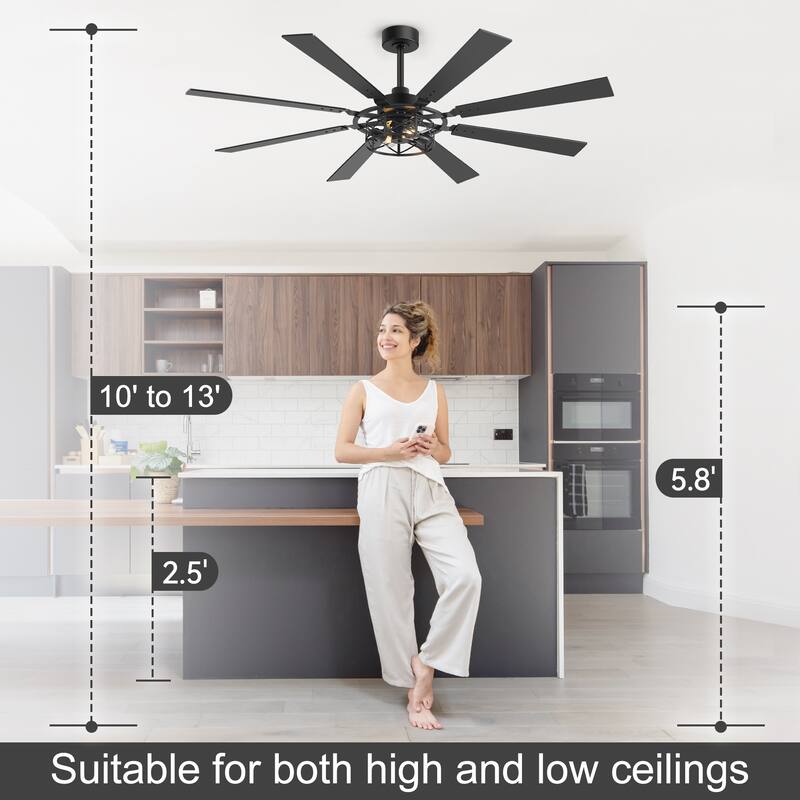 52"/65" Industrial Reversible Wood 5/8-Blade Cage Ceiling Fan with Light Kit and Remote