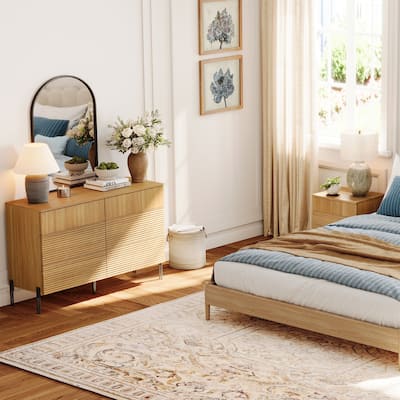 WAMPAT 2 Pcs Bedroom Set, 6 Drawer Dresser And Nightstand Set For Bedroom,Hidden Handles, Reed Pattern & Double Chopsticks Legs