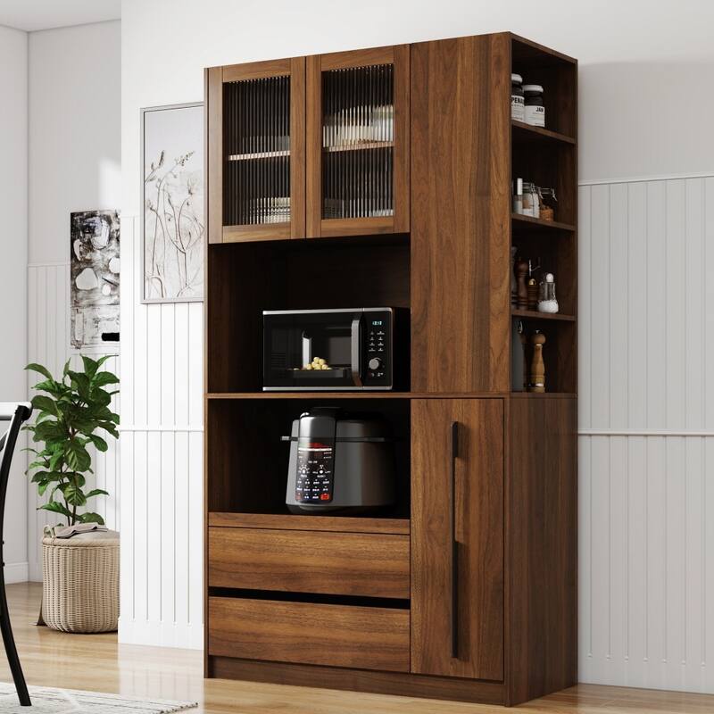 Modern Kitchen Pantry Storage Cabinet with Multi-tier Shelf & 2 Drawers - Walnut