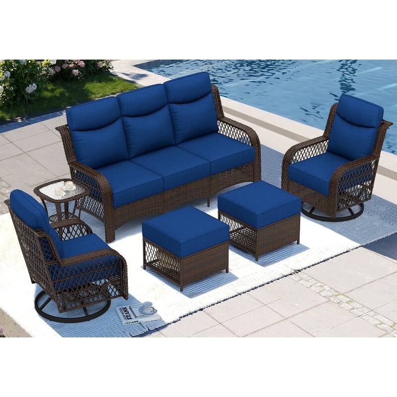 High Back Outdoor Swivel Rocker Patio Chairs Set of 2 with 5-Inch Thick Cushions and Side Table for Porch, Poolside - 6PCS - Swivel Gliders & 3-Seat Sofa