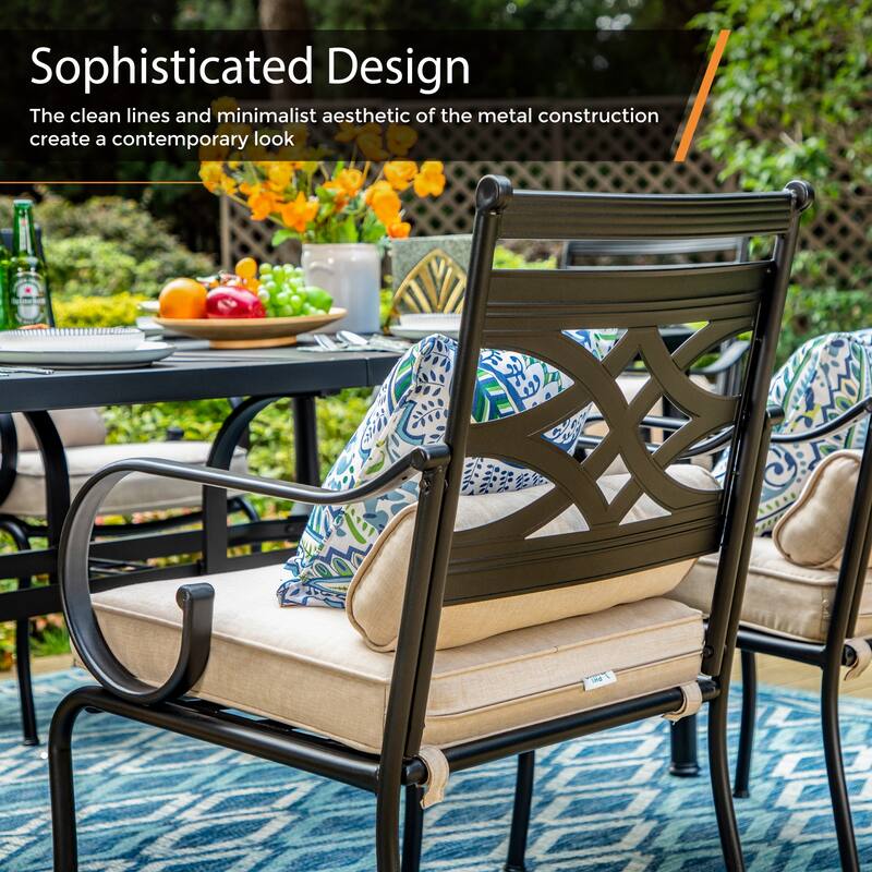MAISON ARTS 7-Piece Outdoor Dining Set Geometric Rectangle Table & Elegant Cast Iron Pattern Swivel Dining Chairs