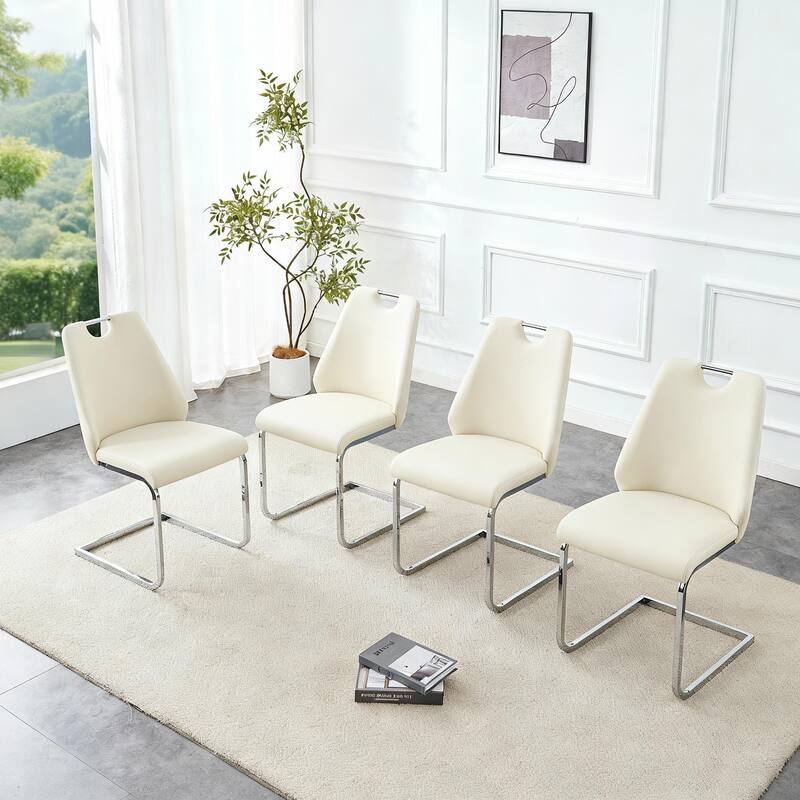 Dining Chairs Set of 2, Faux Leather Kitchen Chairs with Gold Mesh Texture, Silver Back Ring and Chrome Pull Handle