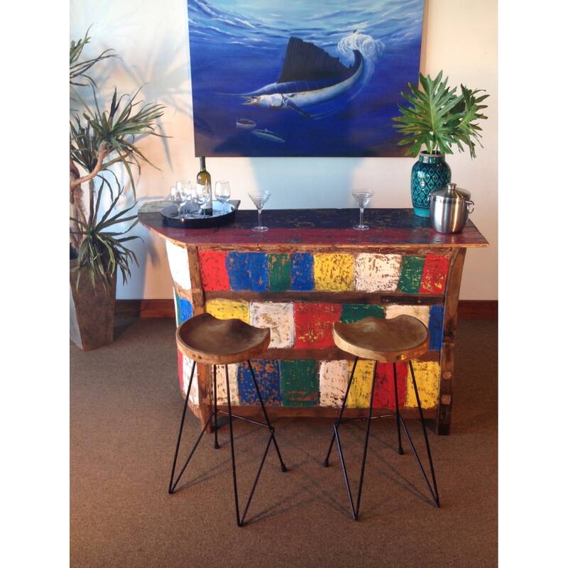 Chic Teak Rustic Teak Wood and Iron Barstool with Curved Comfort Seat