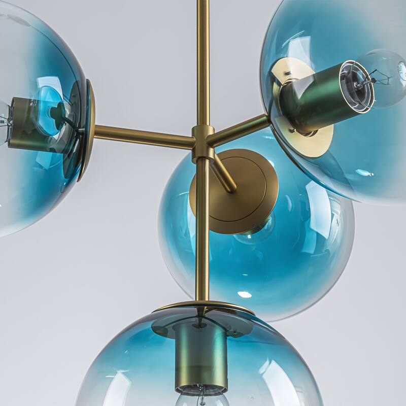 4-Light Modern Tiered Linear Sputnik Pendant Light in Brushed Gold/Black with Gradient Blue Glass Globes