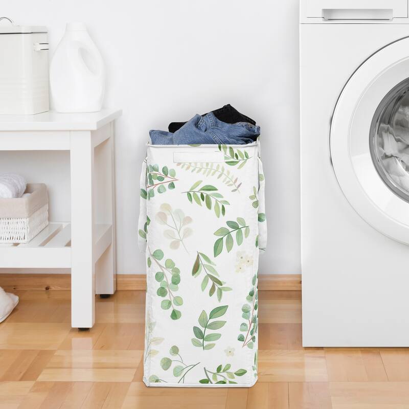 Sweet Jojo Designs Green Boho Floral Leaf Boy Girl Gender Neutral Foldable Laundry Hamper with Handles White Bohemian Watercolor