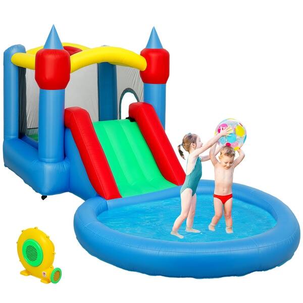 slide 2 of 9, Qaba Inflatable Bounce House, 4 in 1 Bouncy Castle with Slide, Basketball Hoop, Ball Pit, 370W Blower, 163" x 81" x 75" Multicolored