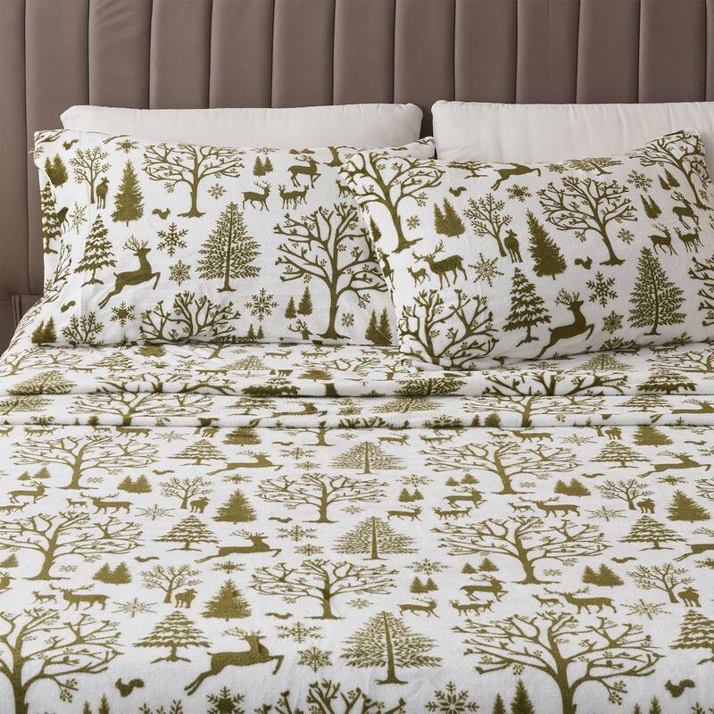 Rustic Lodge Velvet Plush 4-Piece Sheet Set - Full - Olive Enchanted Woods