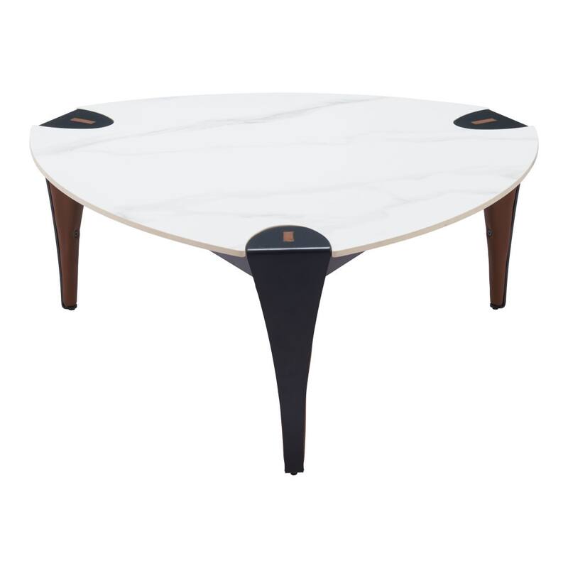 HomeRoots 36" White and Black Sintered Stone Faux Leather And Steel Triangle Coffee Table - 36' X '15.2' X '36