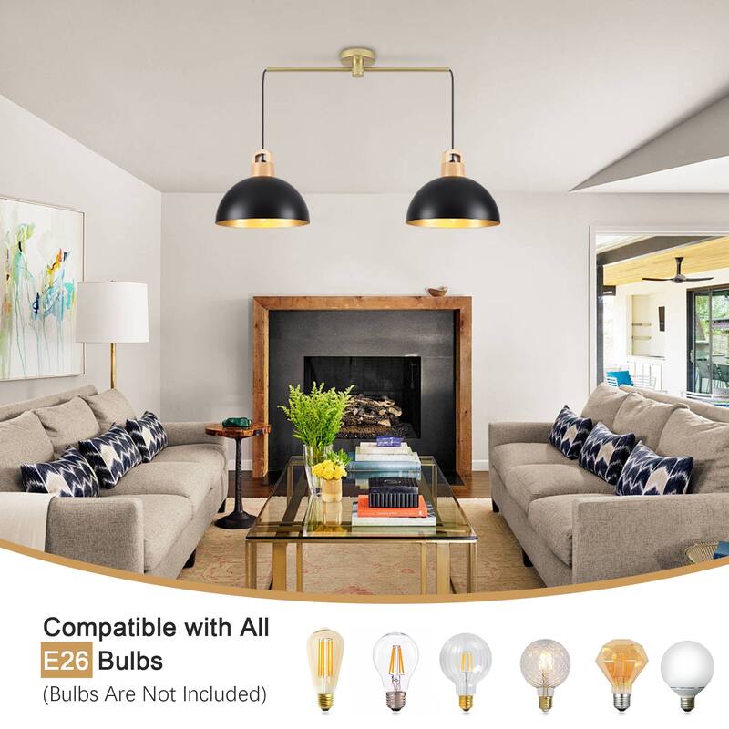 2-Light Metal Dome Hanging Foyer Pendant Light Island Chandelier for Dining Room