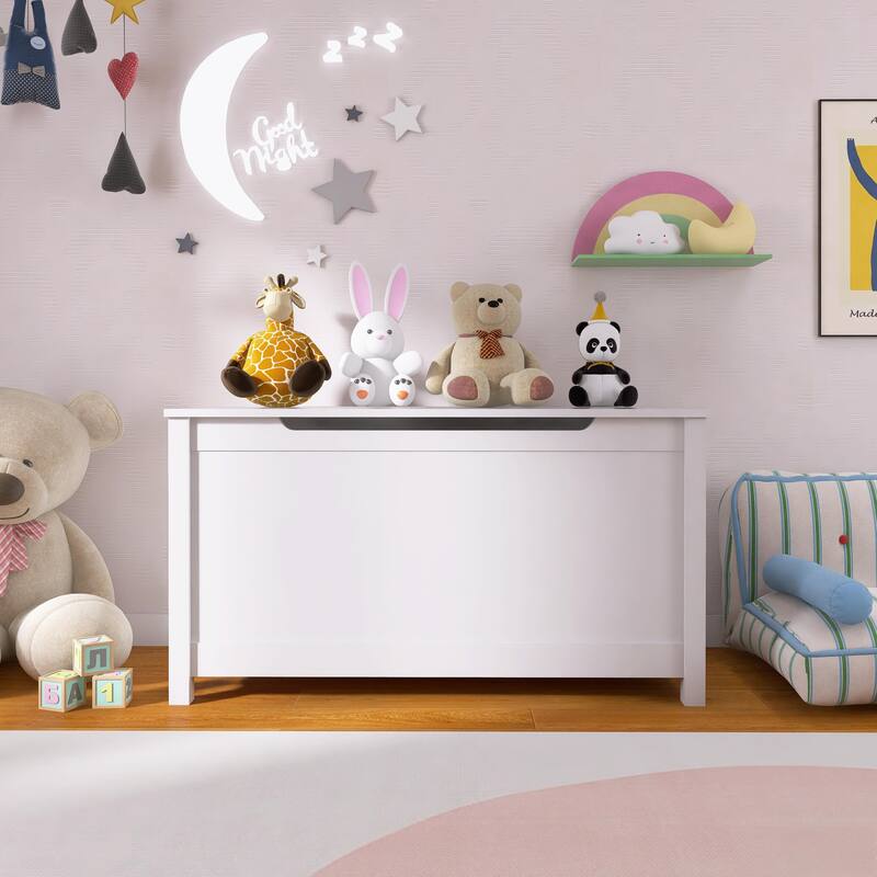 32 Inch Kids Wooden Toy Box Storage with Safety Hinged Lid - White - 31.5'' W x 13'' D x 16.7'' H