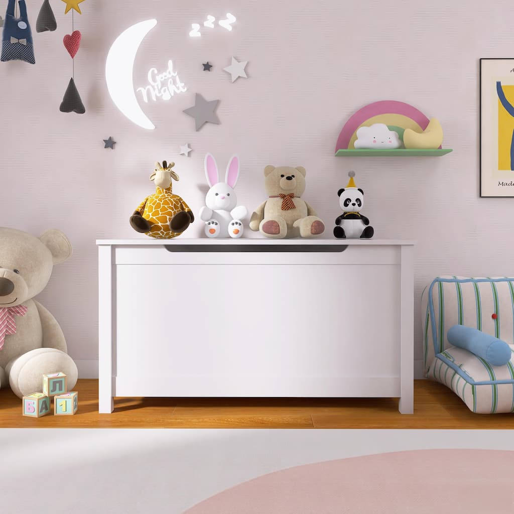 32 Inch Kids Wooden Toy Box Storage with Safety Hinged Lid