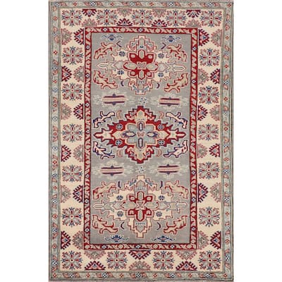 Traditional Kazak Oriental Rug Handmade Gray Geometric Wool Carpet - 3'10" x 6'3"