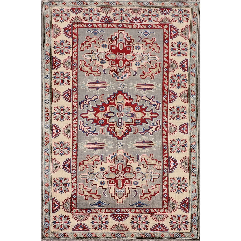Traditional Kazak Oriental Rug Handmade Gray Geometric Wool Carpet - 3'10" x 6'3"