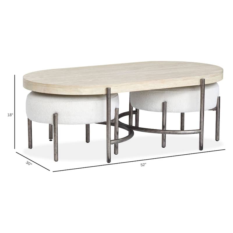 Magnussen Home Jennings Edgecomb Grey and Weathered Antique Nickel Oval Cocktail Table with 2 Ottomans - 52''W x 30''D x 18''H