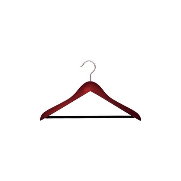 slide 1 of 1, Concave Cherry Finish Wooden Suit Hanger, Non-Slip Black Velvet Pant Bar, 17" Length x 5/8" Thick, Satin Chrome Hook Box of 12