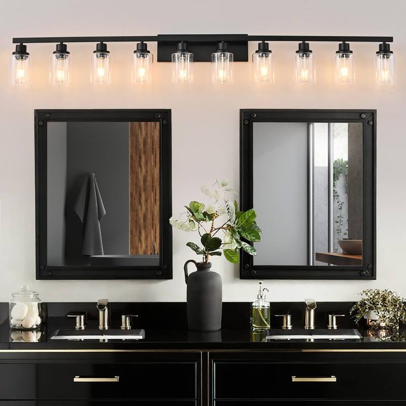 Bathroom Vanity Light With Clear Glass Shades For Vanity Mirror, Bathroom, Or Hallway - 10-Lights - Black