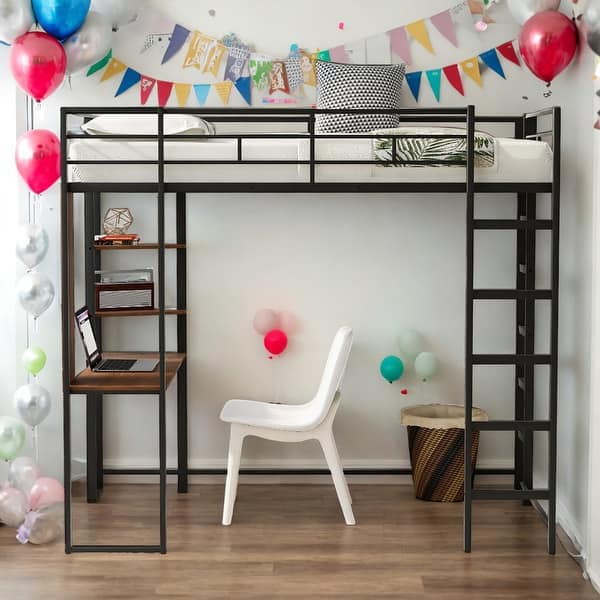 slide 2 of 20, Twin Size Metal Loft Bed With 2 Shelves And 1 Desk,2 Built-in Ladders,Solid Construction