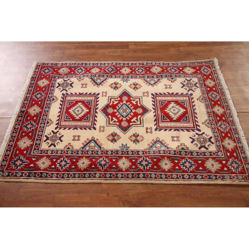 Ivory Kazak Oriental Accent Rug Hand-Knotted Wool Carpet - 3'5"x 4'10"