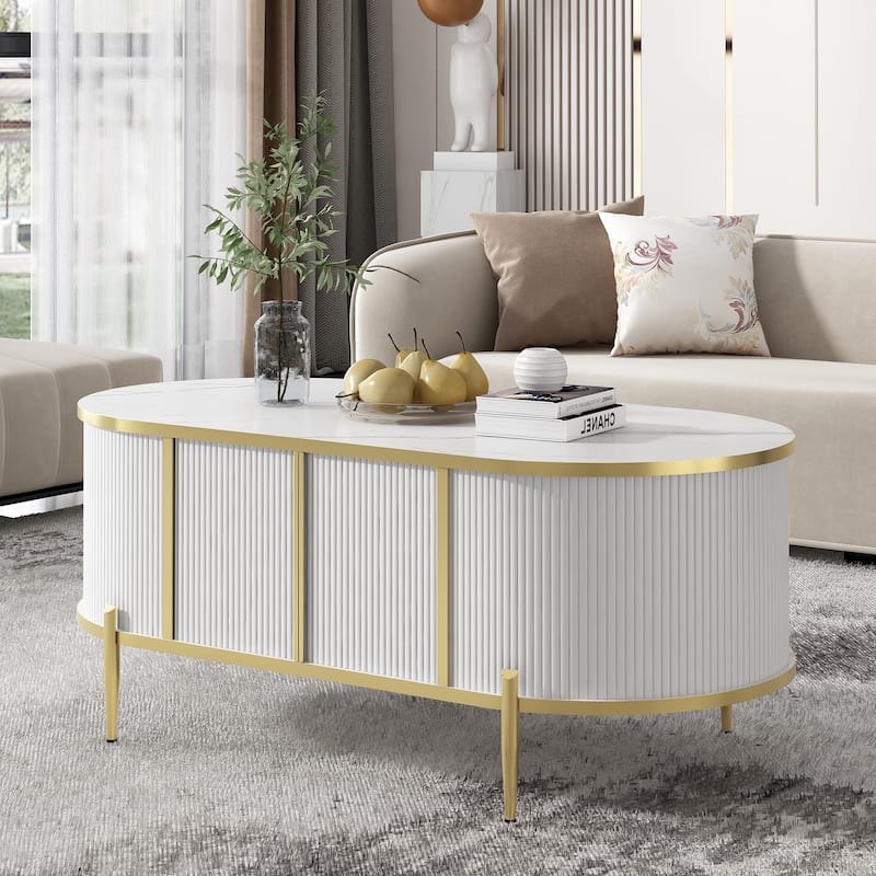 Oval Storage Coffee Table with 2 Cabinets, Faux Marble Top Center Couch Table with Metal Legs, Living Room Table - White