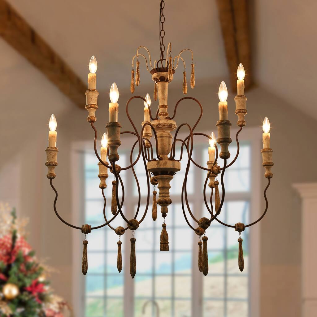 Farmhouse Wood 9-Light Chandelier French Country Classic Candle Light for Dining Room