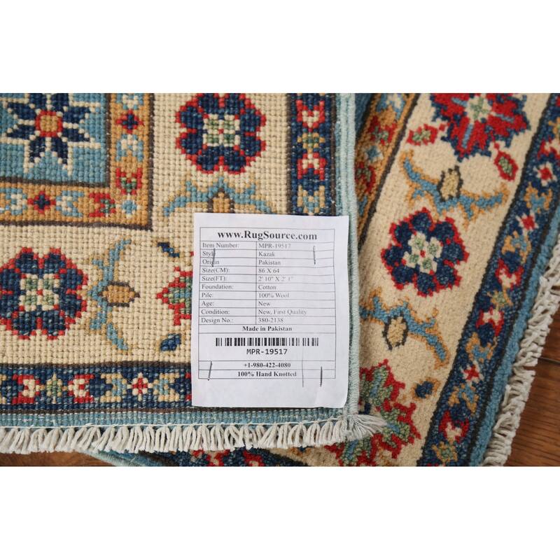 Light Blue Geometric Kazak Accent Rug Hand-Knotted Wool Carpet - 2'1"x 2'10"