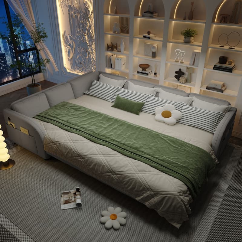 115.2" L-Shaped Teddy Sectional Sofa with Pull-Out Bed