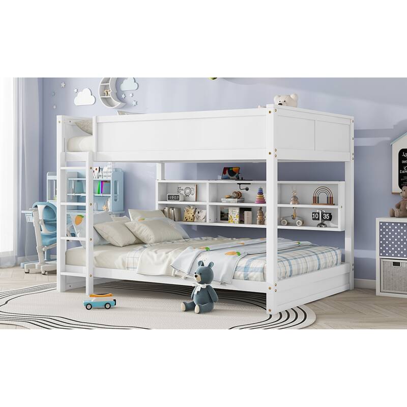 Roomfitters Queen Over Queen Bunk Bed with Storage Cabinets and Charging Station, Solid Pine Wood Bunk Bed
