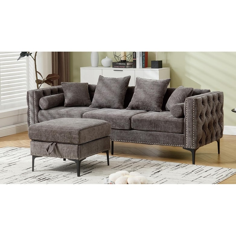 85'' L-Shaped 4-Seat Sectional Sofa with Convertible Storage Ottoman, Pillows, Solid Wood Frame, and Modern Tufted Design