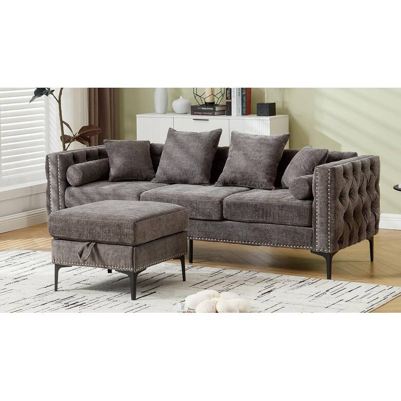 85'' L-Shaped 4 Seater Sectional Sofa with Convertible Storage Ottoman, Pillows, Solid Wood Frame, Modern Tufted Design