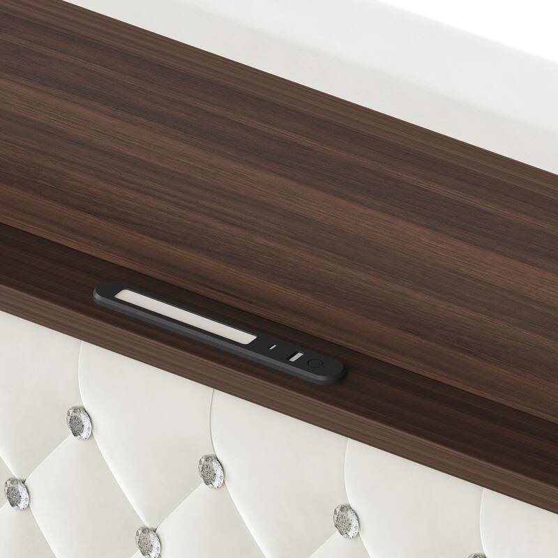 Full/Queen Velvet Tufted Bed Frame with 52" Wingback Headboard, USB Port, Night Light, Rivet Trim & Headboard Shelf