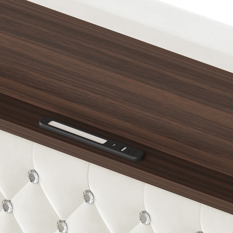 Queen Velvet Tufted Bed Frame with USB Port Night Light and Headboard Shelf
