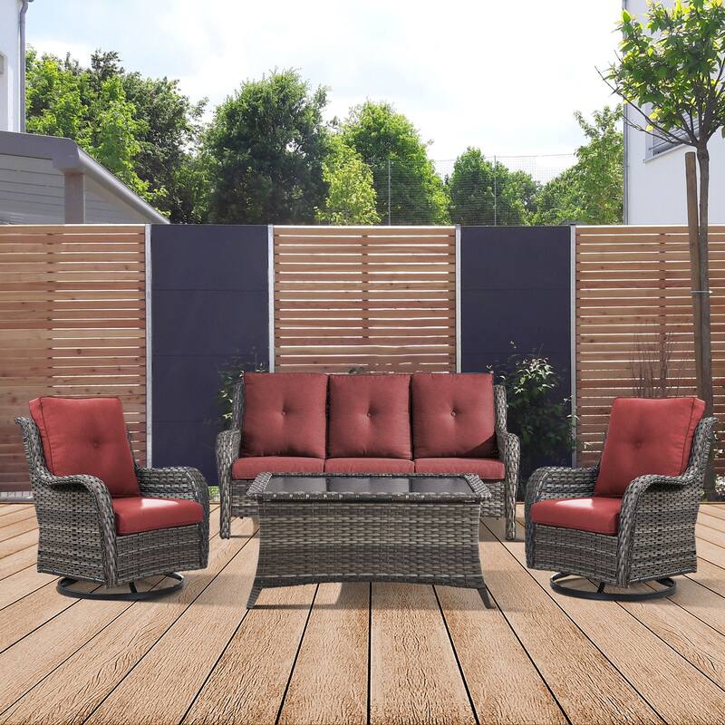 Gymojoy 4-Piece Patio Sofa with Swivel Glider Chair Set - Grey - Red