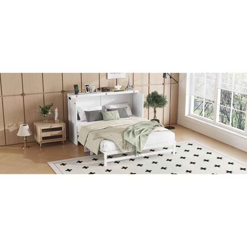 Roomfitters Queen Murphy Bed Cabinet with Storage Compartment, Charging Station with USB, Solid Pine Wall Bed