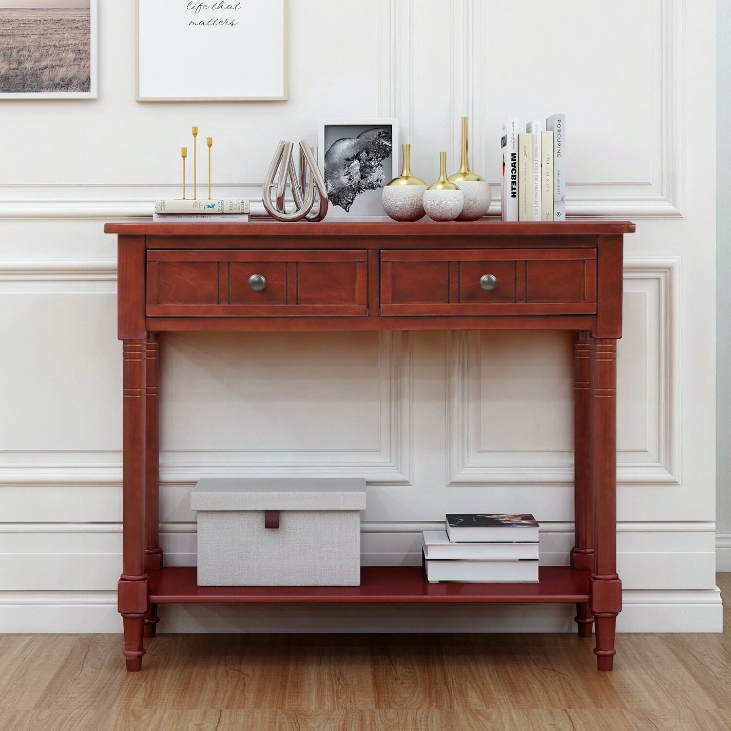 Shop Dark Cherry Console Table With Two Drawers And Bottom Shelf