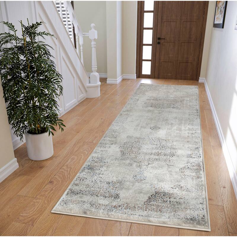 Omari Collection Cream/Grey Abstract Traditional Area Rug - 2'6" X 8' Runner