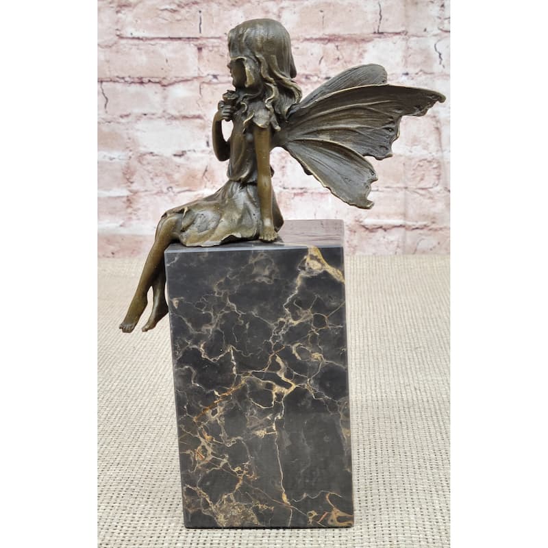 Hot Cast Bronze Sculpture Statue Young Child Fairy Angel Girl Holding Flower Marble Base
