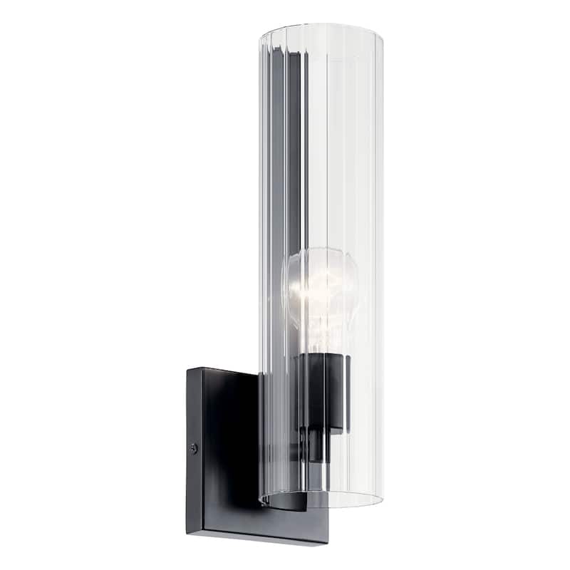 Jemsa 14 in. 1-Light Wall Sconce with Clear Fluted Glass Shade - Black - 14 in