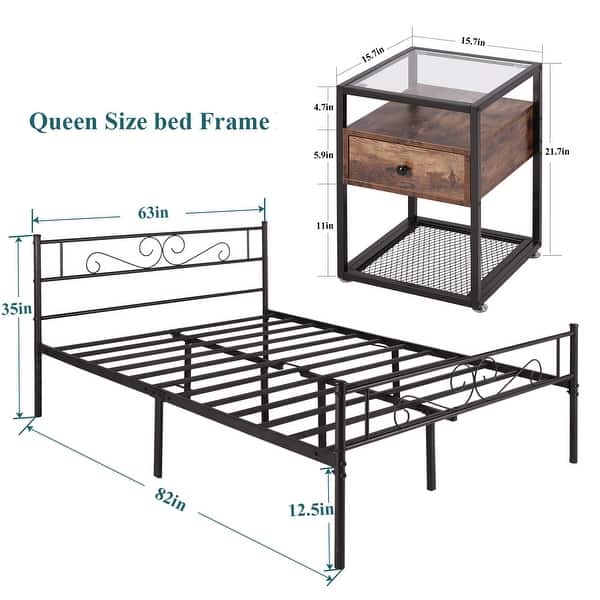 dimension image slide 3 of 3, 3-pieces Platform Bed Frame and Glass Top Nightstands Set of 2